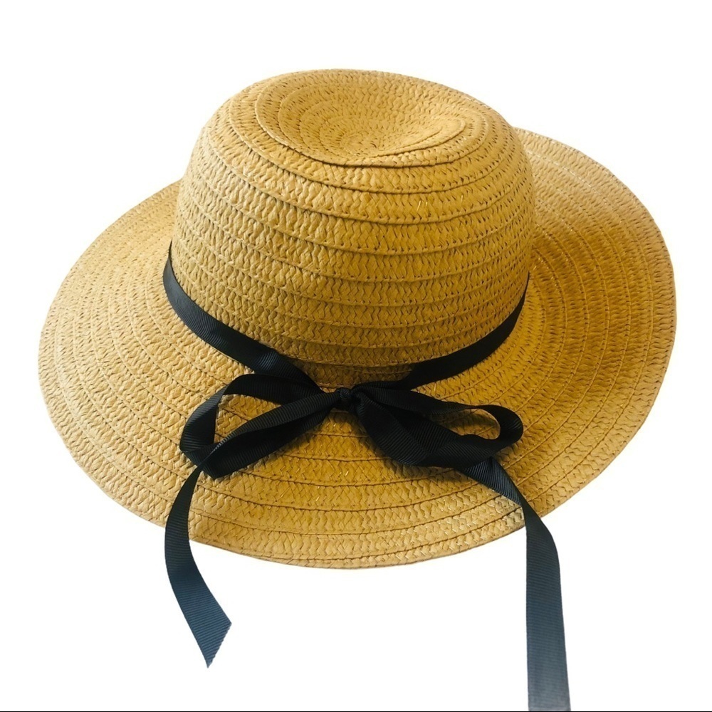 Tan Hat with Black Ribbon Trim